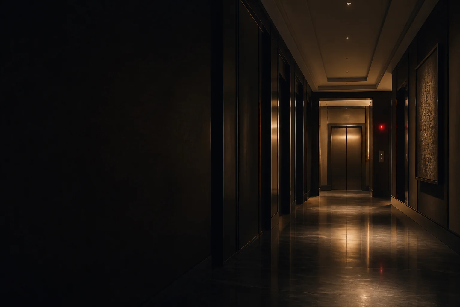 Couloir sombre et contemporain d'un hôtel, décor du scénario Le dernier étage